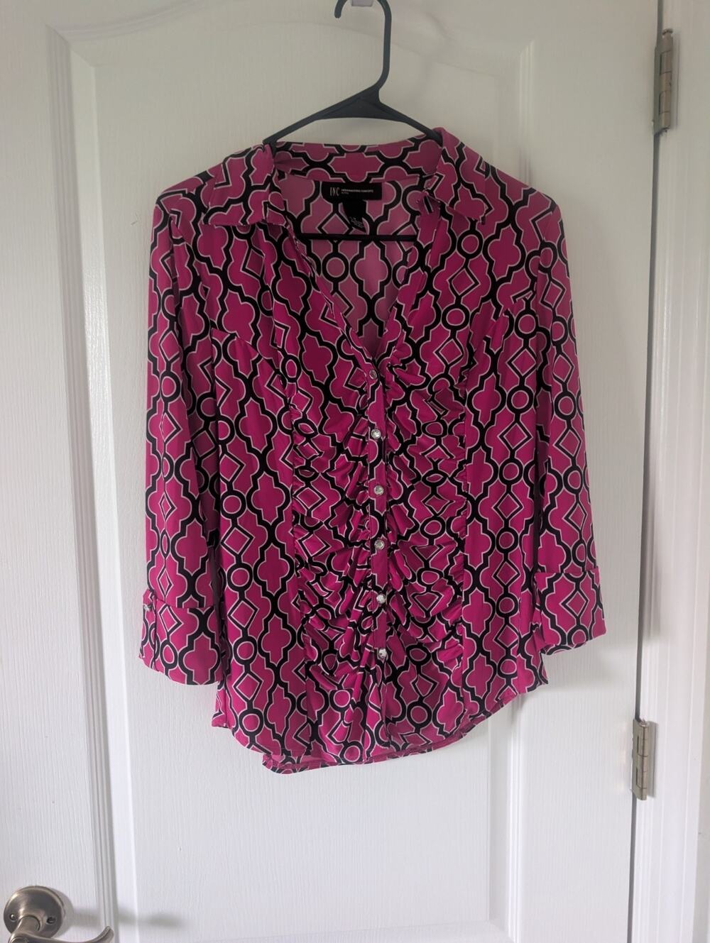 INC Y2k patterned button up blouse pink and black polyester, nylon Medium